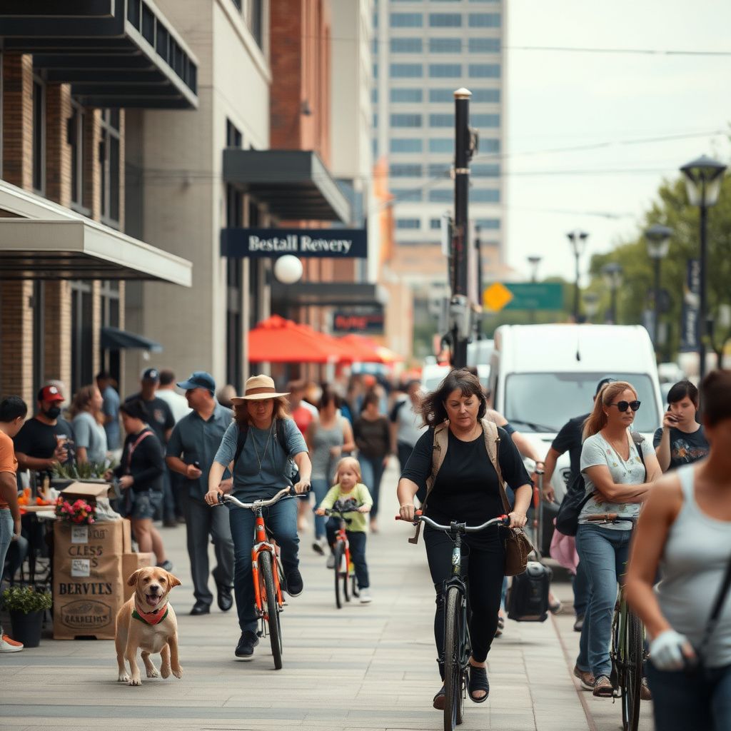 A vibrant street scene in Mesquite's historic downtown area, showcasing older brick buildings and local businesses under a clear Texas sky, with residents enjoying the community atmosphere.