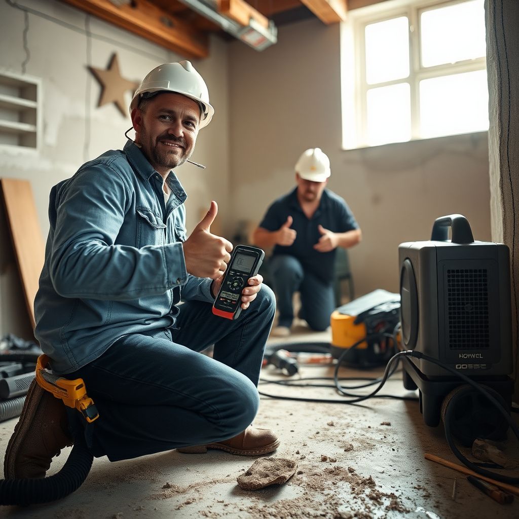 A certified mold remediation technician in full protective gear explaining the process to a DeSoto homeowner in a clean, well-lit room.