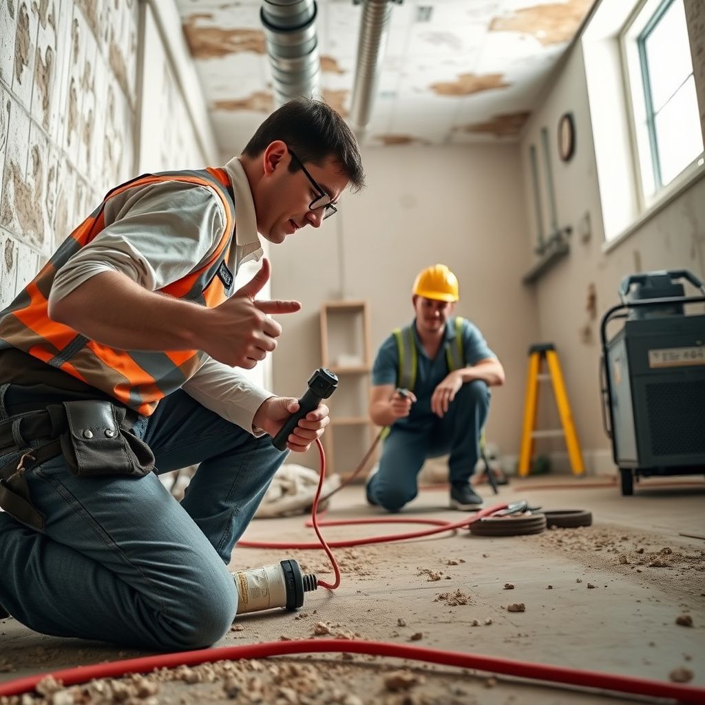 A Mold Shield Dallas technician in full protective gear performing a detailed mold inspection in a residential attic in Garland, checking for moisture and growth.