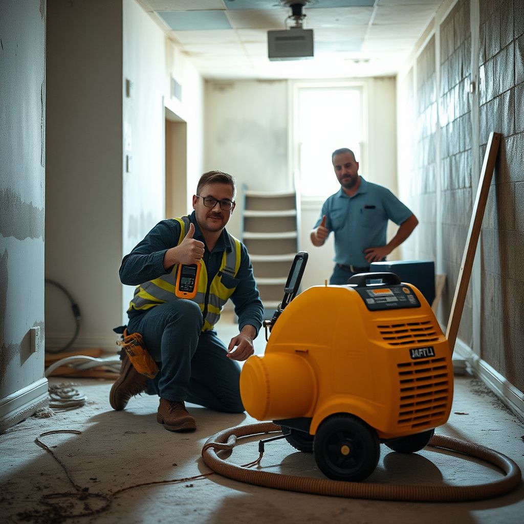 A certified Mold Shield Dallas technician explaining the mold remediation process to a homeowner in Sachse, showing a moisture meter reading on a wall.